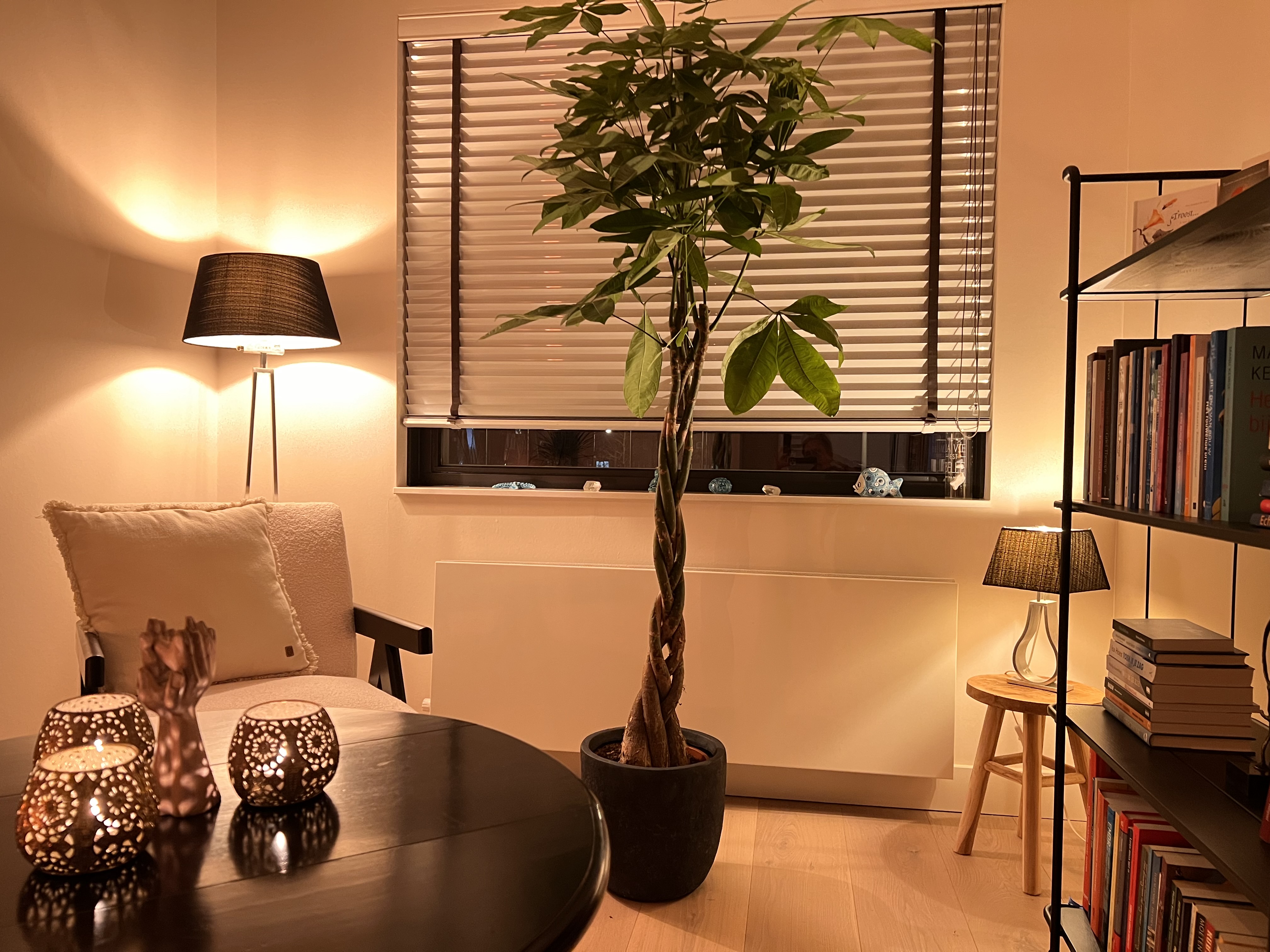 Zithoek met kaarslicht, planten en een boekenkast